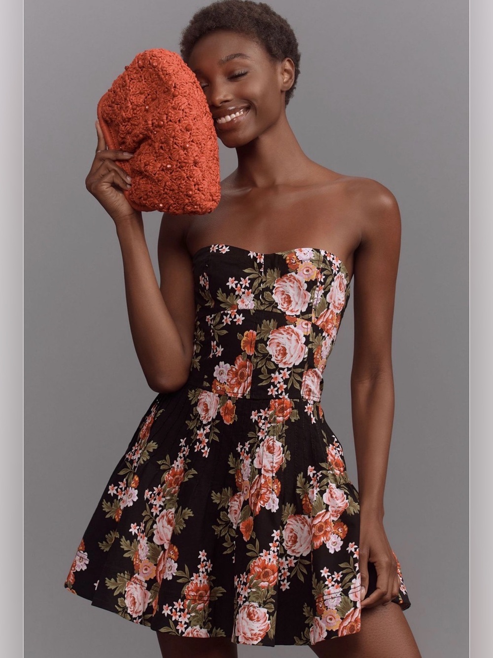 Anthropologie Maeve Strapless Black Floral Flounce corset mini dress 4 small